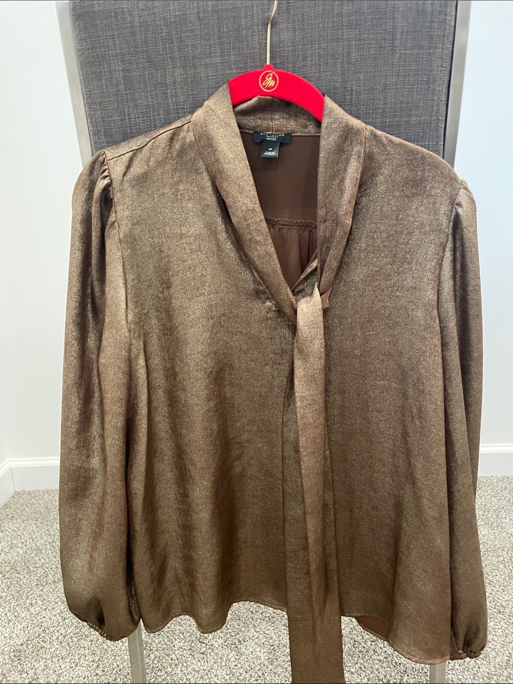 Ann Taylor Brown Tie-Neck Satin Blouse